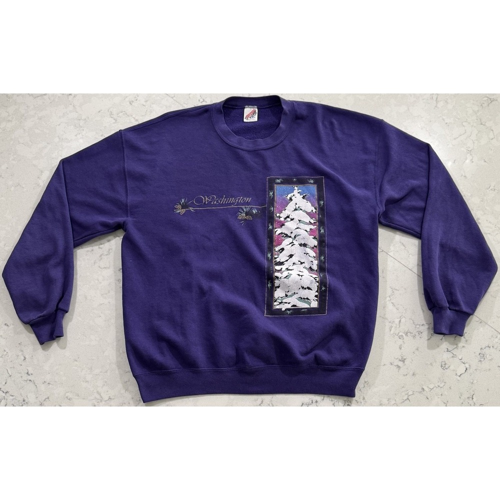 VTG 90s Jerzees Washington Sweatshirt Adult XL Purple Snowy Pine Tree USA Made